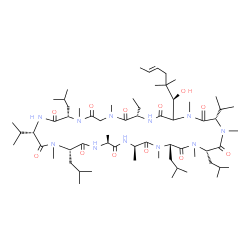 ChemSpider 2D Image | (3S,6S,9S,12R,15S,18S,21S,24S,30S)-30-Ethyl-33-[(1R,4E)-1-hydroxy-2,2-dimethyl-4-hexen-1-yl]-6,9,18,24-tetraisobutyl-3,21-diisopropyl-1,4,7,10,12,15,19,25,28-nonamethyl-1,4,7,10,13,16,19,22,25,28,31-u
ndecaazacyclotritriacontane-2,5,8,11,14,17,20,23,26,29,32-undecone | C63H113N11O12
