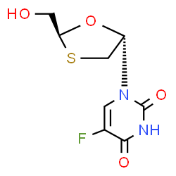ChemSpider 2D Image | 5-Fluoro-1-[(2S,5S)-2-(hydroxymethyl)-1,3-oxathiolan-5-yl]-2,4(1H,3H)-pyrimidinedione | C8H9FN2O4S