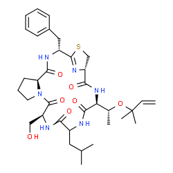 ChemSpider 2D Image | (2R,5S,11S,17S,20S)-2-Benzyl-11-(hydroxymethyl)-14-isobutyl-17-{(1R)-1-[(2-methyl-3-buten-2-yl)oxy]ethyl}-22-thia-3,9,12,15,18,23-hexaazatricyclo[18.2.1.0~5,9~]tricos-1(23)-ene-4,10,13,16,19-pentone | C35H50N6O7S