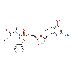 ChemSpider 2D Image | Ethyl N-[{[(2R,4R)-4-(2-amino-6-hydroxy-9H-purin-9-yl)-1,3-dioxolan-2-yl]methoxy}(phenoxy)phosphoryl]-L-alaninate | C20H25N6O8P