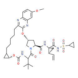 ChemSpider 2D Image | (1R,20R,27S)-N-{(1R,2S)-1-[(Cyclopropylsulfonyl)carbamoyl]-2-vinylcyclopropyl}-7-methoxy-24-(2-methyl-2-propanyl)-22,25-dioxo-2,21-dioxa-4,11,23,26-tetraazapentacyclo[24.2.1.0~3,12~.0~5,10~.0~18,20~]n
onacosa-3,5(10),6,8,11-pentaene-27-carboxamide | C38H50N6O9S