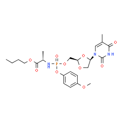 ChemSpider 2D Image | Butyl N-[(4-methoxyphenoxy){[(2R,4R)-4-(5-methyl-2,4-dioxo-3,4-dihydro-1(2H)-pyrimidinyl)-1,3-dioxolan-2-yl]methoxy}phosphoryl]-L-alaninate | C23H32N3O10P