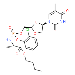ChemSpider 2D Image | Butyl N-[(2-chlorophenoxy){[(2R,4R)-4-(5-methyl-2,4-dioxo-3,4-dihydro-1(2H)-pyrimidinyl)-1,3-dioxolan-2-yl]methoxy}phosphoryl]-L-alaninate | C22H29ClN3O9P