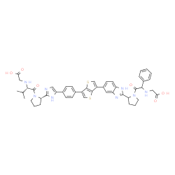 ChemSpider 2D Image | {[2-(2-{5-[6-(4-{2-[(2S)-1-{(2S)-2-[(Carboxymethyl)amino]-3-methylbutanoyl}-2-pyrrolidinyl]-1H-imidazol-5-yl}phenyl)thieno[3,2-b]thiophen-3-yl]-1H-benzimidazol-2-yl}-1-pyrrolidinyl)-2-oxo-1-phenylethy
l]amino}acetic acid (non-preferred name) | C47H48N8O6S2