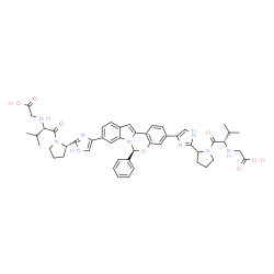ChemSpider 2D Image | ({(2S)-1-[(2S)-2-(4-{(6S)-3-[2-(1-{(2S)-2-[(Carboxymethyl)amino]-3-methylbutanoyl}-2-pyrrolidinyl)-1H-imidazol-4-yl]-6-phenylindolo[1,2-c][1,3]benzoxazin-9-yl}-1H-imidazol-2-yl)-1-pyrrolidinyl]-3-meth
yl-1-oxo-2-butanyl}amino)acetic acid (non-preferred name) | C49H55N9O7
