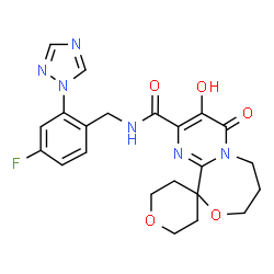 ChemSpider 2D Image | N-[4-Fluoro-2-(1H-1,2,4-triazol-1-yl)benzyl]-3'-hydroxy-4'-oxo-2,3,5,6,7',8'-hexahydro-4'H,6'H-spiro[pyran-4,10'-pyrimido[2,1-c][1,4]oxazepine]-2'-carboxamide | C22H23FN6O5