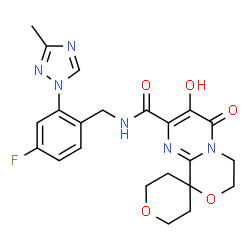 ChemSpider 2D Image | N-[4-Fluoro-2-(3-methyl-1H-1,2,4-triazol-1-yl)benzyl]-3'-hydroxy-4'-oxo-2,3,5,6,6',7'-hexahydro-4'H-spiro[pyran-4,9'-pyrimido[2,1-c][1,4]oxazine]-2'-carboxamide | C22H23FN6O5
