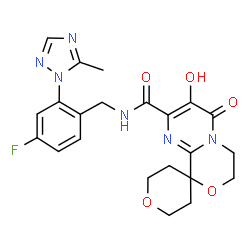 ChemSpider 2D Image | N-[4-Fluoro-2-(5-methyl-1H-1,2,4-triazol-1-yl)benzyl]-3'-hydroxy-4'-oxo-2,3,5,6,6',7'-hexahydro-4'H-spiro[pyran-4,9'-pyrimido[2,1-c][1,4]oxazine]-2'-carboxamide | C22H23FN6O5