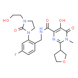 ChemSpider 2D Image | N-{4-Fluoro-2-[3-(2-hydroxyethyl)-2-oxo-1-imidazolidinyl]benzyl}-5-hydroxy-1-methyl-6-oxo-2-(tetrahydro-3-furanyl)-1,6-dihydro-4-pyrimidinecarboxamide | C22H26FN5O6