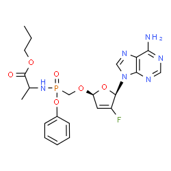 ChemSpider 2D Image | Propyl N-[({[(2R,5R)-5-(6-amino-9H-purin-9-yl)-4-fluoro-2,5-dihydro-2-furanyl]oxy}methyl)(phenoxy)phosphoryl]alaninate | C22H26FN6O6P