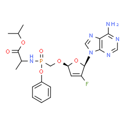 ChemSpider 2D Image | Isopropyl N-[({[(2R,5R)-5-(6-amino-9H-purin-9-yl)-4-fluoro-2,5-dihydro-2-furanyl]oxy}methyl)(phenoxy)phosphoryl]alaninate | C22H26FN6O6P