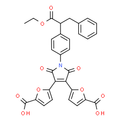 ChemSpider 2D Image | 5,5'-{1-[4-(1-Ethoxy-1-oxo-3-phenyl-2-propanyl)phenyl]-2,5-dioxo-2,5-dihydro-1H-pyrrole-3,4-diyl}di(2-furoic acid) | C31H23NO10