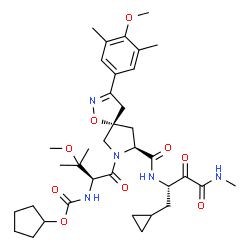 ChemSpider 2D Image | Cyclopentyl {(2S)-1-[(5S,8S)-8-{[(2S)-1-cyclopropyl-4-(methylamino)-3,4-dioxo-2-butanyl]carbamoyl}-3-(4-methoxy-3,5-dimethylphenyl)-1-oxa-2,7-diazaspiro[4.4]non-2-en-7-yl]-3-methoxy-3-methyl-1-oxo-2-b
utanyl}carbamate (non-preferred name) | C36H51N5O9