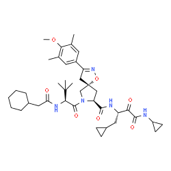 ChemSpider 2D Image | (5S,8S)-7-{(2S)-2-[(Cyclohexylacetyl)amino]-3,3-dimethylbutanoyl}-N-[(2S)-1-cyclopropyl-4-(cyclopropylamino)-3,4-dioxo-2-butanyl]-3-(4-methoxy-3,5-dimethylphenyl)-1-oxa-2,7-diazaspiro[4.4]non-2-ene-8-
carboxamide (non-preferred name) | C40H57N5O7