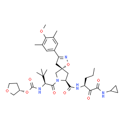 ChemSpider 2D Image | (3S)-Tetrahydro-3-furanyl {(2S)-1-[(5S,8S)-8-{[(3S)-1-(cyclopropylamino)-1,2-dioxo-3-hexanyl]carbamoyl}-3-(4-methoxy-3,5-dimethylphenyl)-1-oxa-2,7-diazaspiro[4.4]non-2-en-7-yl]-3,3-dimethyl-1-oxo-2-bu
tanyl}carbamate (non-preferred name) | C36H51N5O9