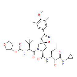 ChemSpider 2D Image | (3S)-Tetrahydro-3-furanyl {(2S)-1-[(5R,8S)-8-{[(3S)-1-(cyclopropylamino)-1,2-dioxo-3-hexanyl]carbamoyl}-3-(4-methoxy-3,5-dimethylphenyl)-1-oxa-2,7-diazaspiro[4.4]non-2-en-7-yl]-3,3-dimethyl-1-oxo-2-bu
tanyl}carbamate (non-preferred name) | C36H51N5O9