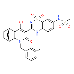 ChemSpider 2D Image | N-{3-[(1R,8S)-3-(3-Fluorobenzyl)-6-hydroxy-4-oxo-3-azatricyclo[6.2.1.0~2,7~]undec-5-en-5-yl]-1,1-dioxido-4H-1,2,4-benzothiadiazin-7-yl}methanesulfonamide | C25H25FN4O6S2