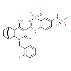 ChemSpider 2D Image | N-{3-[(1R,8S)-3-(2-Fluorobenzyl)-6-hydroxy-4-oxo-3-azatricyclo[6.2.1.0~2,7~]undec-5-en-5-yl]-1,1-dioxido-4H-1,2,4-benzothiadiazin-7-yl}methanesulfonamide | C25H25FN4O6S2