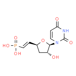 ChemSpider 2D Image | {(E)-2-[(2S,4R,5R)-5-(2,4-Dioxo-3,4-dihydro-1(2H)-pyrimidinyl)-4-hydroxytetrahydro-2-furanyl]vinyl}phosphonic acid | C10H13N2O7P