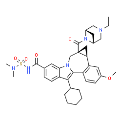 ChemSpider 2D Image | (1aR,12bS)-8-Cyclohexyl-N-(dimethylsulfamoyl)-1a-{[(1R,5S)-3-ethyl-3,6-diazabicyclo[3.1.1]hept-6-yl]carbonyl}-11-methoxy-1,1a,2,12b-tetrahydrocyclopropa[d]indolo[2,1-a][2]benzazepine-5-carboxamide | C36H45N5O5S