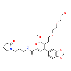 ChemSpider 2D Image | 4-(1,3-Benzodioxol-5-yl)-2-ethoxy-3-{2-[2-(2-hydroxyethoxy)ethoxy]ethyl}-N-[3-(2-oxo-1-pyrrolidinyl)propyl]-3,4-dihydro-2H-pyran-6-carboxamide | C28H40N2O9