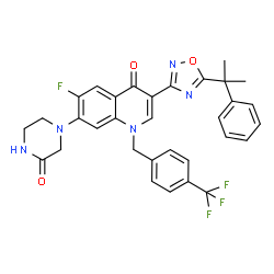 ChemSpider 2D Image | 6-Fluoro-7-(3-oxo-1-piperazinyl)-3-[5-(2-phenyl-2-propanyl)-1,2,4-oxadiazol-3-yl]-1-[4-(trifluoromethyl)benzyl]-4(1H)-quinolinone | C32H27F4N5O3