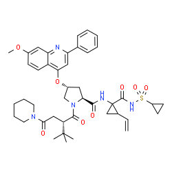ChemSpider 2D Image | (4R)-N-{1-[(Cyclopropylsulfonyl)carbamoyl]-2-vinylcyclopropyl}-1-{(2S)-3,3-dimethyl-2-[2-oxo-2-(1-piperidinyl)ethyl]butanoyl}-4-[(7-methoxy-2-phenyl-4-quinolinyl)oxy]-L-prolinamide | C43H53N5O8S
