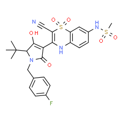 ChemSpider 2D Image | N-{2-Cyano-3-[1-(4-fluorobenzyl)-4-hydroxy-5-(2-methyl-2-propanyl)-2-oxo-2,5-dihydro-1H-pyrrol-3-yl]-1,1-dioxido-4H-1,4-benzothiazin-7-yl}methanesulfonamide | C25H25FN4O6S2
