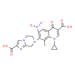ChemSpider 2D Image | 7-(2-Carboxy-5,6-dihydroimidazo[1,2-a]pyrazin-7(8H)-yl)-1-cyclopropyl-8-methyl-6-nitro-4-oxo-1,4-dihydro-3-quinolinecarboxylic acid | C21H19N5O7