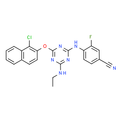 ChemSpider 2D Image | 4-({4-[(1-Chloro-2-naphthyl)oxy]-6-(ethylamino)-1,3,5-triazin-2-yl}amino)-3-fluorobenzonitrile | C22H16ClFN6O