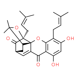 ChemSpider 2D Image | (1R,2R,13R,15S)-6,8-Dihydroxy-17,17-dimethyl-5,15-bis(3-methyl-2-buten-1-yl)-3,16-dioxapentacyclo[11.4.1.0~2,11~.0~2,15~.0~4,9~]octadeca-4,6,8,11-tetraene-10,14-dione | C28H32O6