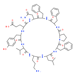 ChemSpider 2D Image | 3-[8-(2-Amino-2-oxoethyl)-19-(3-aminopropyl)-3,6,25-tribenzyl-13-(4-hydroxybenzyl)-22-isobutyl-16-isopropyl-1,4,7,10,14,17,20,23,26-nonaoxotriacontahydropyrrolo[2,1-f][1,4,7,10,13,16,19,22,25]nonaazac
yclooctacosin-11-yl]propanoic acid | C65H85N11O13