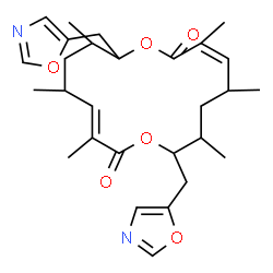 ChemSpider 2D Image | (3Z,11E)-3,5,7,11,13,15-Hexamethyl-8,16-bis(1,3-oxazol-5-ylmethyl)-1,9-dioxacyclohexadeca-3,11-diene-2,10-dione | C28H38N2O6
