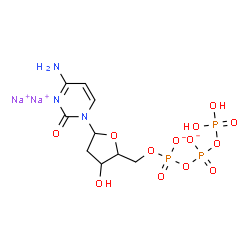ChemSpider 2D Image | Disodium 4-amino-1-[2-deoxy-5-O-({[(phosphonooxy)phosphinato]oxy}phosphinato)pentofuranosyl]-2(1H)-pyrimidinone | C9H14N3Na2O13P3