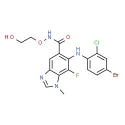 ChemSpider 2D Image | 6-[(4-Bromo-2-chlorophenyl)amino]-7-fluoro-N-(2-hydroxyethoxy)-1-methyl-1H-benzimidazole-5-carboxamide | C17H15BrClFN4O3