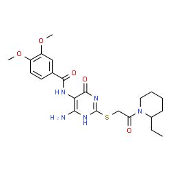 ChemSpider 2D Image | N-(6-Amino-2-{[2-(2-ethyl-1-piperidinyl)-2-oxoethyl]sulfanyl}-4-oxo-1,4-dihydro-5-pyrimidinyl)-3,4-dimethoxybenzamide | C22H29N5O5S