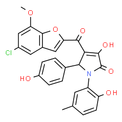 ChemSpider 2D Image | 4-[(5-Chloro-7-methoxy-1-benzofuran-2-yl)carbonyl]-3-hydroxy-1-(2-hydroxy-5-methylphenyl)-5-(4-hydroxyphenyl)-1,5-dihydro-2H-pyrrol-2-one | C27H20ClNO7