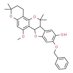 ChemSpider 2D Image | 9-(Benzyloxy)-12-methoxy-2,2,6,6-tetramethyl-3,4,6a,11a-tetrahydro-2H,6H-[1]benzofuro[3,2-c]pyrano[2,3-h]chromen-8-ol | C30H32O6