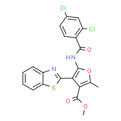 ChemSpider 2D Image | Methyl 4-(1,3-benzothiazol-2-yl)-5-[(2,4-dichlorobenzoyl)amino]-2-methyl-3-furoate | C21H14Cl2N2O4S