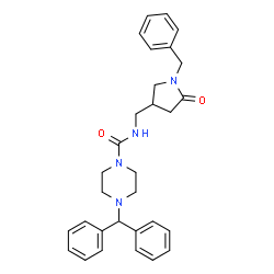 ChemSpider 2D Image | N-[(1-Benzyl-5-oxo-3-pyrrolidinyl)methyl]-4-(diphenylmethyl)-1-piperazinecarboxamide | C30H34N4O2
