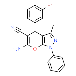 ChemSpider 2D Image | 6-Amino-4-(3-bromophenyl)-3-methyl-1-phenyl-1,4-dihydropyrano[2,3-c]pyrazole-5-carbonitrile | C20H15BrN4O