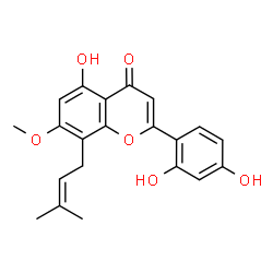 ChemSpider 2D Image | 2-(2,4-Dihydroxyphenyl)-5-hydroxy-7-methoxy-8-(3-methyl-2-buten-1-yl)-4H-chromen-4-one | C21H20O6