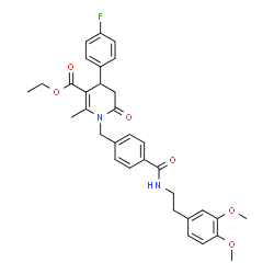 ChemSpider 2D Image | Ethyl 1-(4-{[2-(3,4-dimethoxyphenyl)ethyl]carbamoyl}benzyl)-4-(4-fluorophenyl)-2-methyl-6-oxo-1,4,5,6-tetrahydro-3-pyridinecarboxylate | C33H35FN2O6