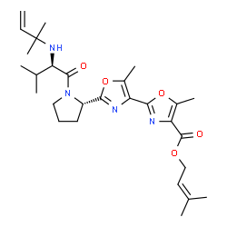 ChemSpider 2D Image | 3-Methyl-2-buten-1-yl 5,5'-dimethyl-2'-{(2S)-1-[N-(2-methyl-3-buten-2-yl)-D-valyl]-2-pyrrolidinyl}-2,4'-bi-1,3-oxazole-4-carboxylate | C28H40N4O5