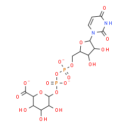 ChemSpider 2D Image | 6-({[({[5-(2,4-Dioxo-3,4-dihydro-1(2H)-pyrimidinyl)-3,4-dihydroxytetrahydro-2-furanyl]methoxy}phosphinato)oxy]phosphinato}oxy)-3,4,5-trihydroxytetrahydro-2H-pyran-2-carboxylate | C15H19N2O18P2