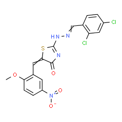 ChemSpider 2D Image | 2-[2-(2,4-Dichlorobenzylidene)hydrazino]-5-(2-methoxy-5-nitrobenzylidene)-1,3-thiazol-4(5H)-one | C18H12Cl2N4O4S