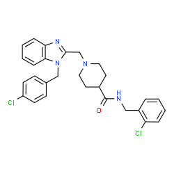 ChemSpider 2D Image | N-(2-Chlorobenzyl)-1-{[1-(4-chlorobenzyl)-1H-benzimidazol-2-yl]methyl}-4-piperidinecarboxamide | C28H28Cl2N4O