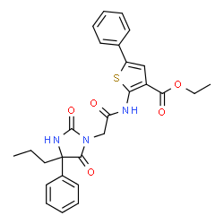 ChemSpider 2D Image | Ethyl 2-{[(2,5-dioxo-4-phenyl-4-propyl-1-imidazolidinyl)acetyl]amino}-5-phenyl-3-thiophenecarboxylate | C27H27N3O5S