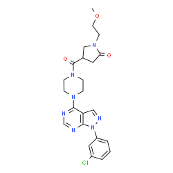 ChemSpider 2D Image | 4-({4-[1-(3-Chlorophenyl)-1H-pyrazolo[3,4-d]pyrimidin-4-yl]-1-piperazinyl}carbonyl)-1-(2-methoxyethyl)-2-pyrrolidinone | C23H26ClN7O3