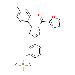 ChemSpider 2D Image | N-{3-[5-(4-Fluorophenyl)-1-(2-furoyl)-4,5-dihydro-1H-pyrazol-3-yl]phenyl}methanesulfonamide | C21H18FN3O4S
